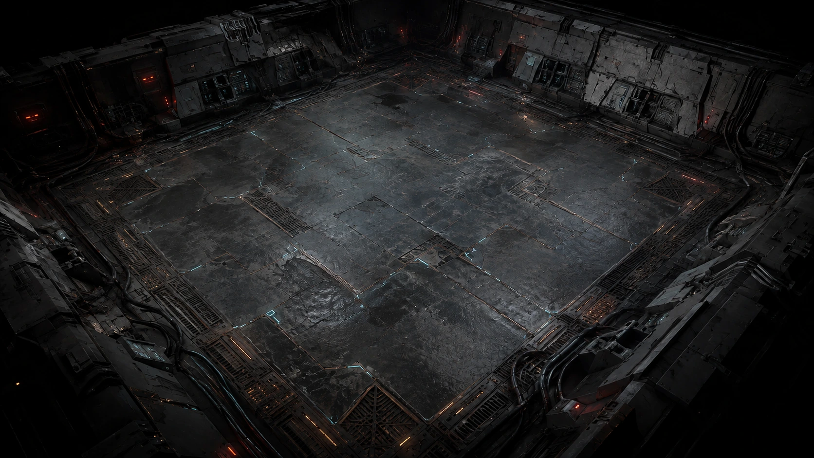 Audit Floor environment artwork: scarred metal plates surrounded by recessed machinery and cable channels.